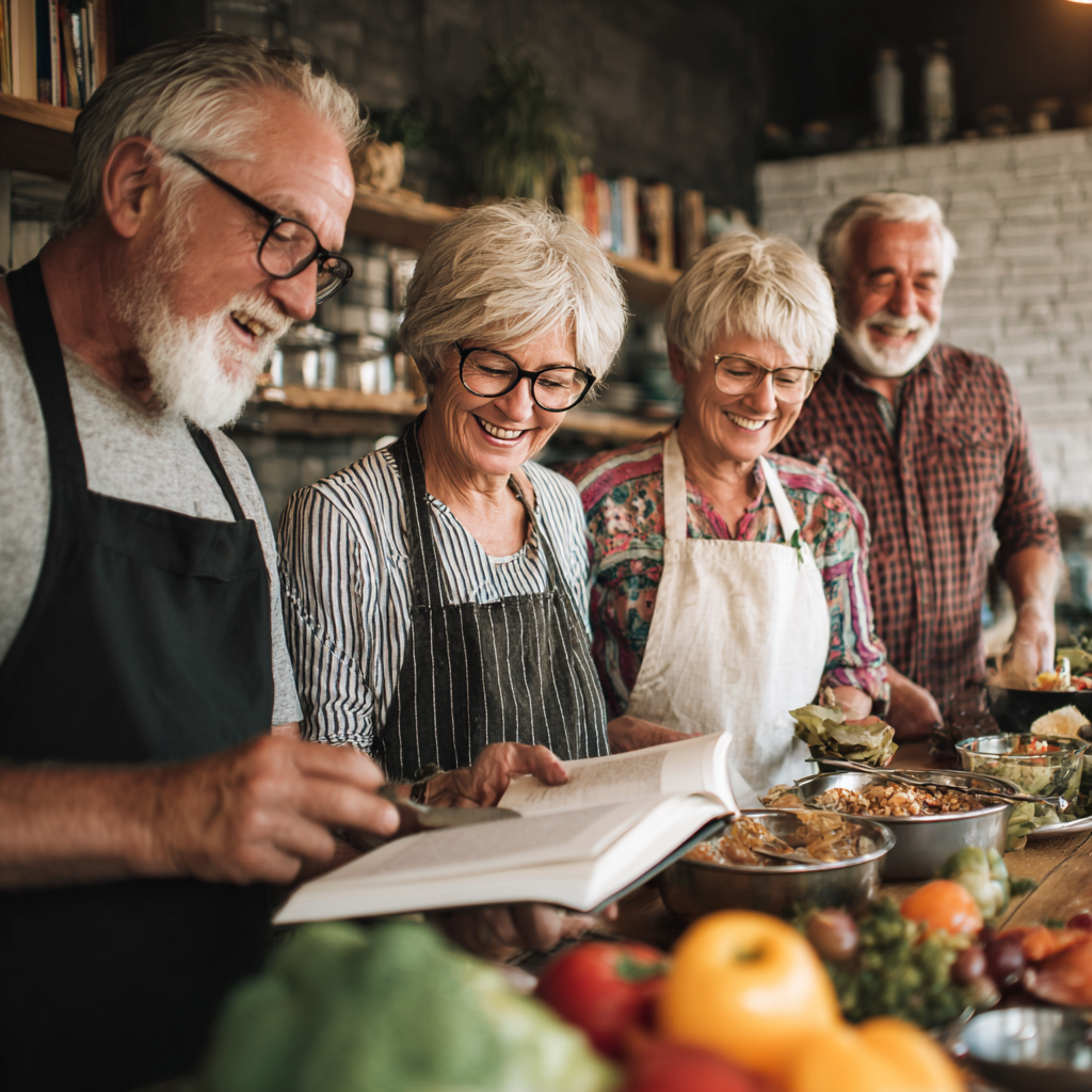 Grupa uśmiechniętych polskich dorosłych różnych wieku po treningu fitness trzymająca zdrowe posiłki